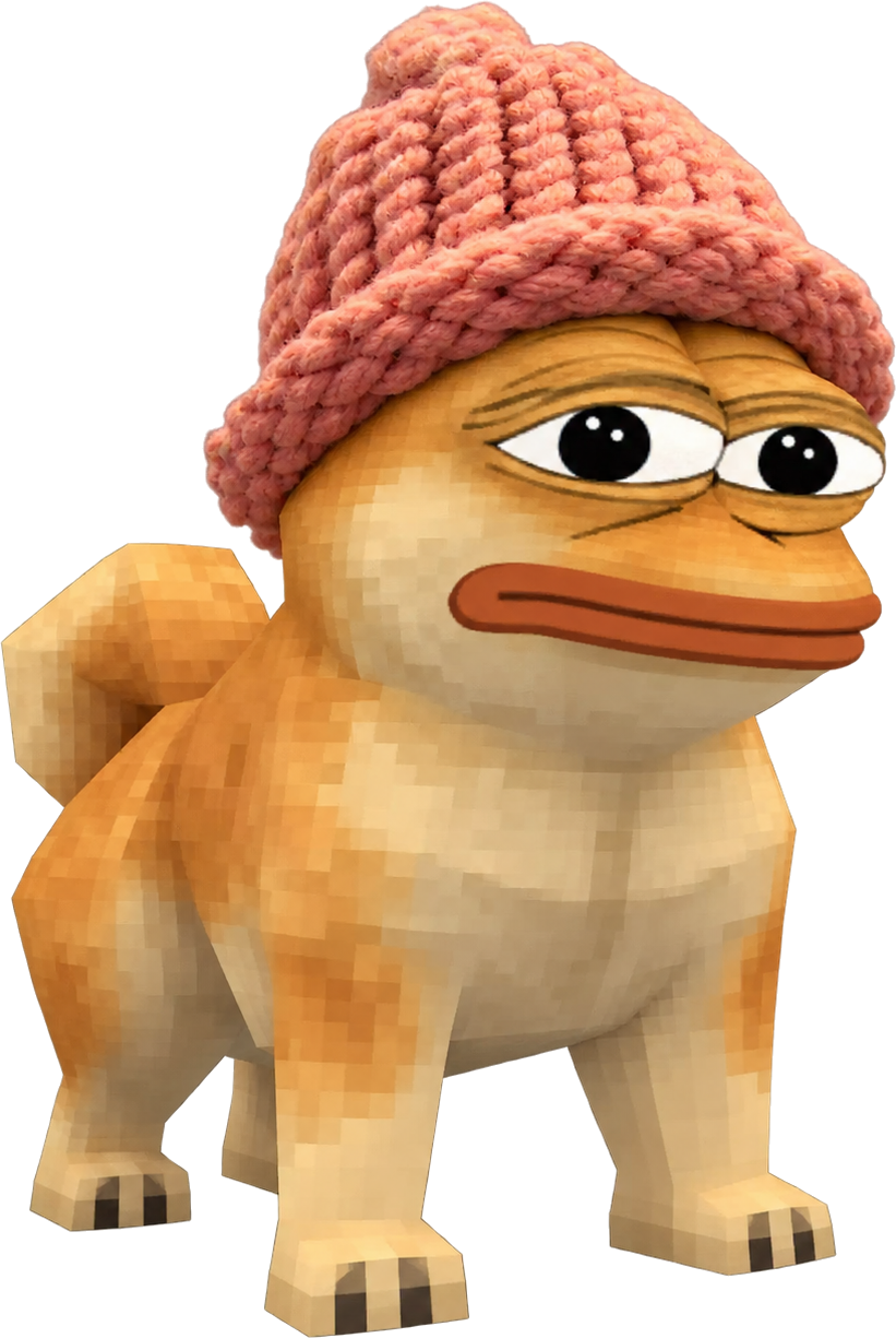 DOPEWIFHAT, a pixelated Pepe-faced doge in a pink knitted beanie, standing on the street