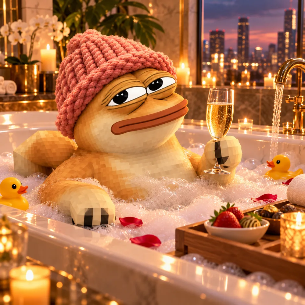 DogePepe in a bubble bath holding champagne, rubber ducks and candles around him
