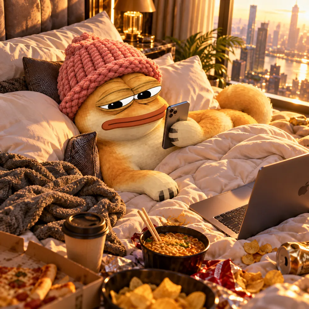 DogePepe lying in bed scrolling his phone, surrounded by ramen, pizza and chips