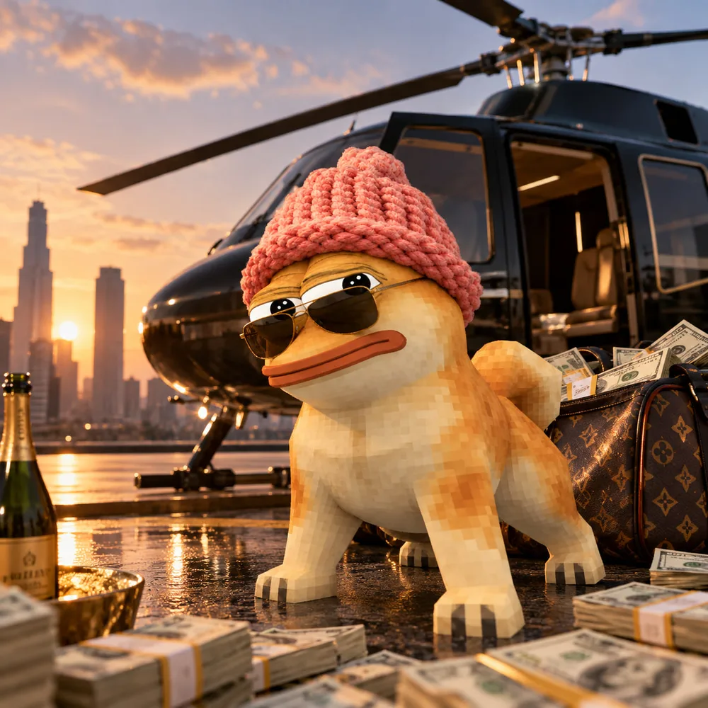 DogePepe in aviators next to a black helicopter at sunset with a bag of cash