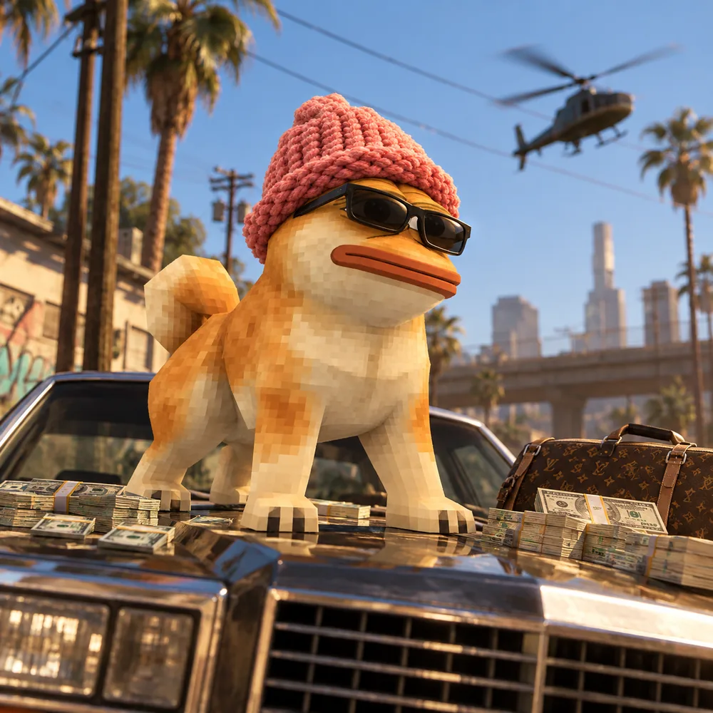 DogePepe in sunglasses standing on a car hood covered in cash stacks on a sunny day