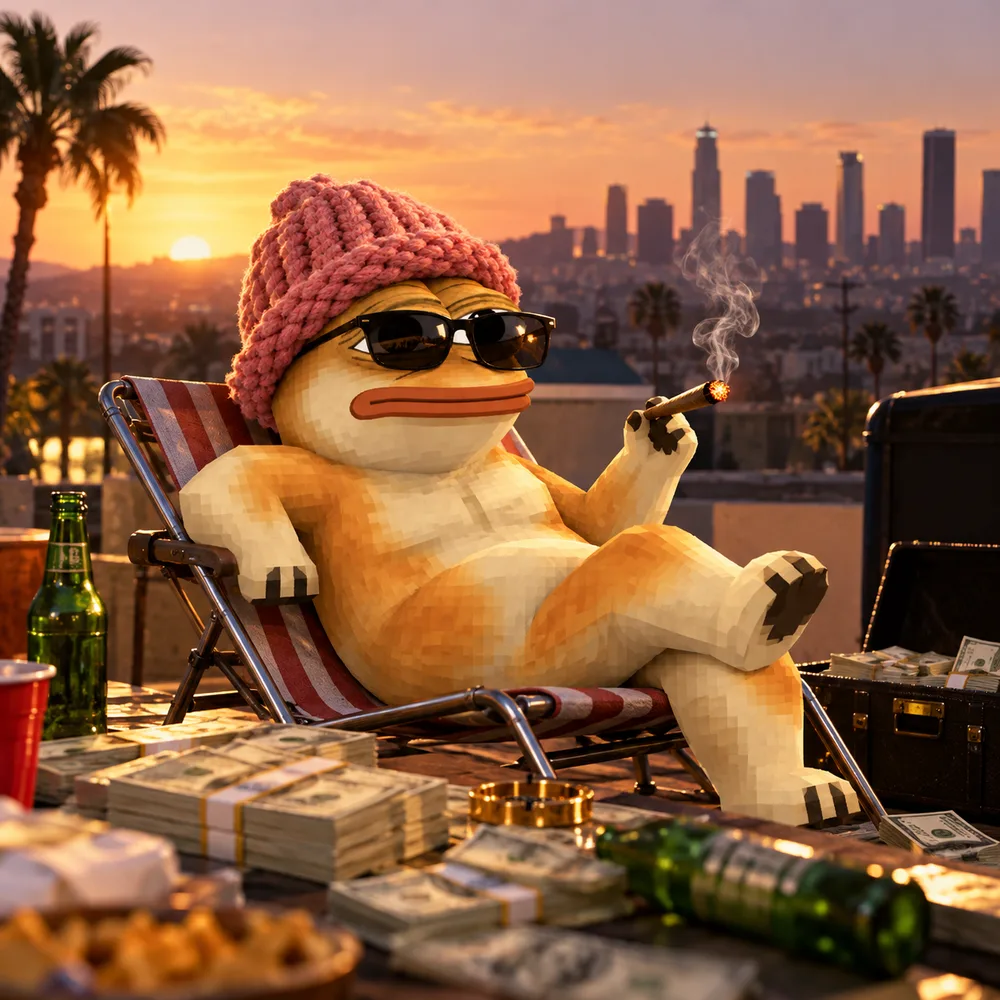 DogePepe in his pink hat and sunglasses lounging on a rooftop deck chair at sunset, surrounded by cash